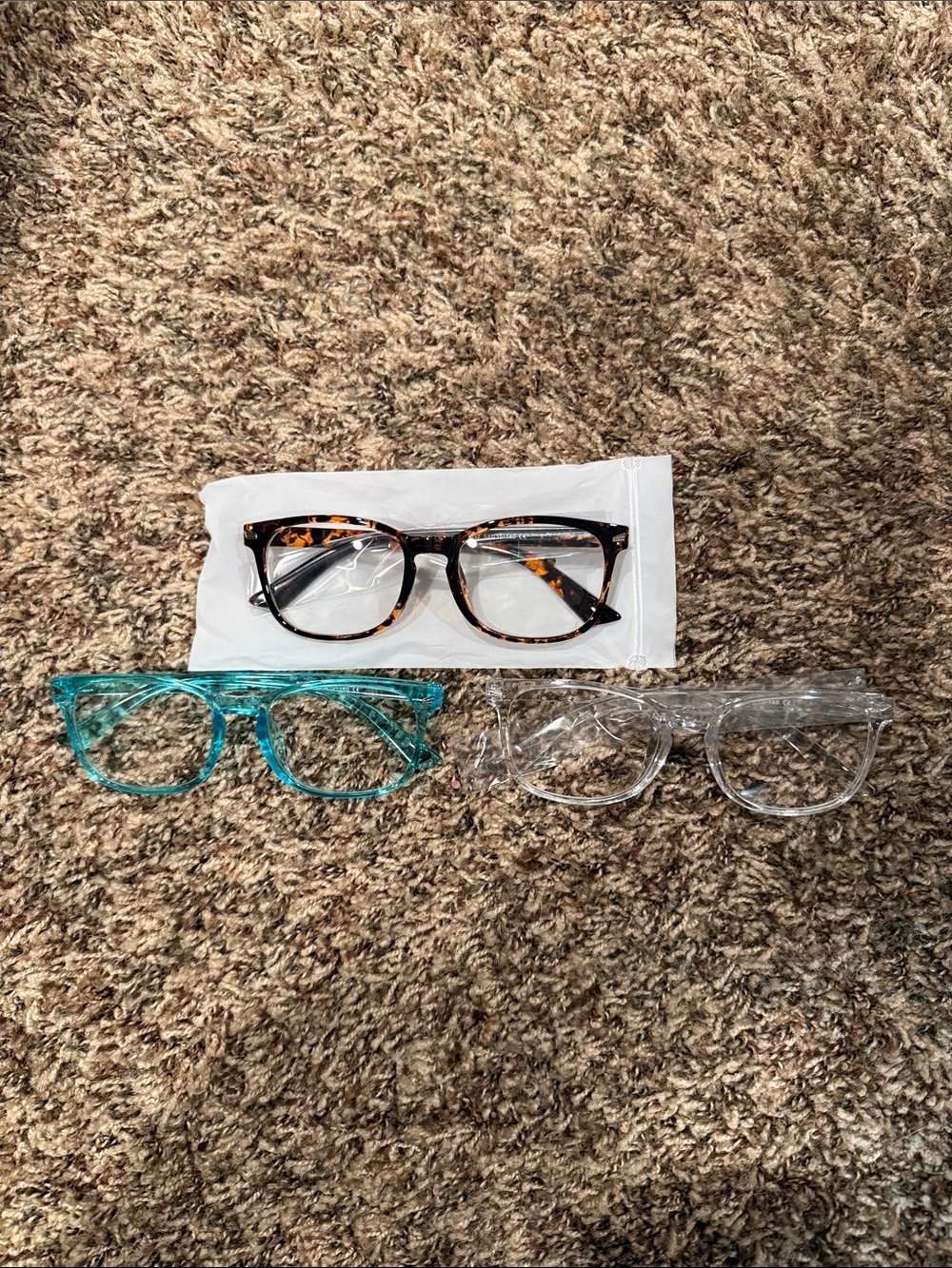 Amazon Women's Three-Pack Fashion Glasses in Tortoise, Teal, and Clear